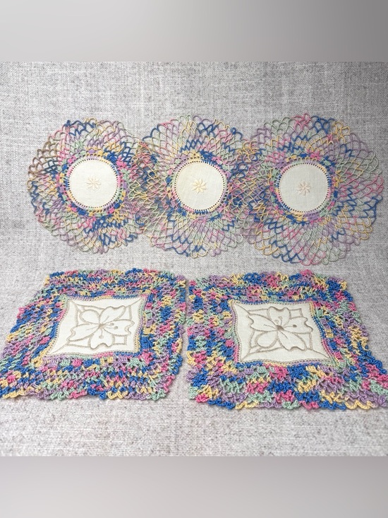 Other - 5 handmade colorful doilies rainbow, embroidered centers
